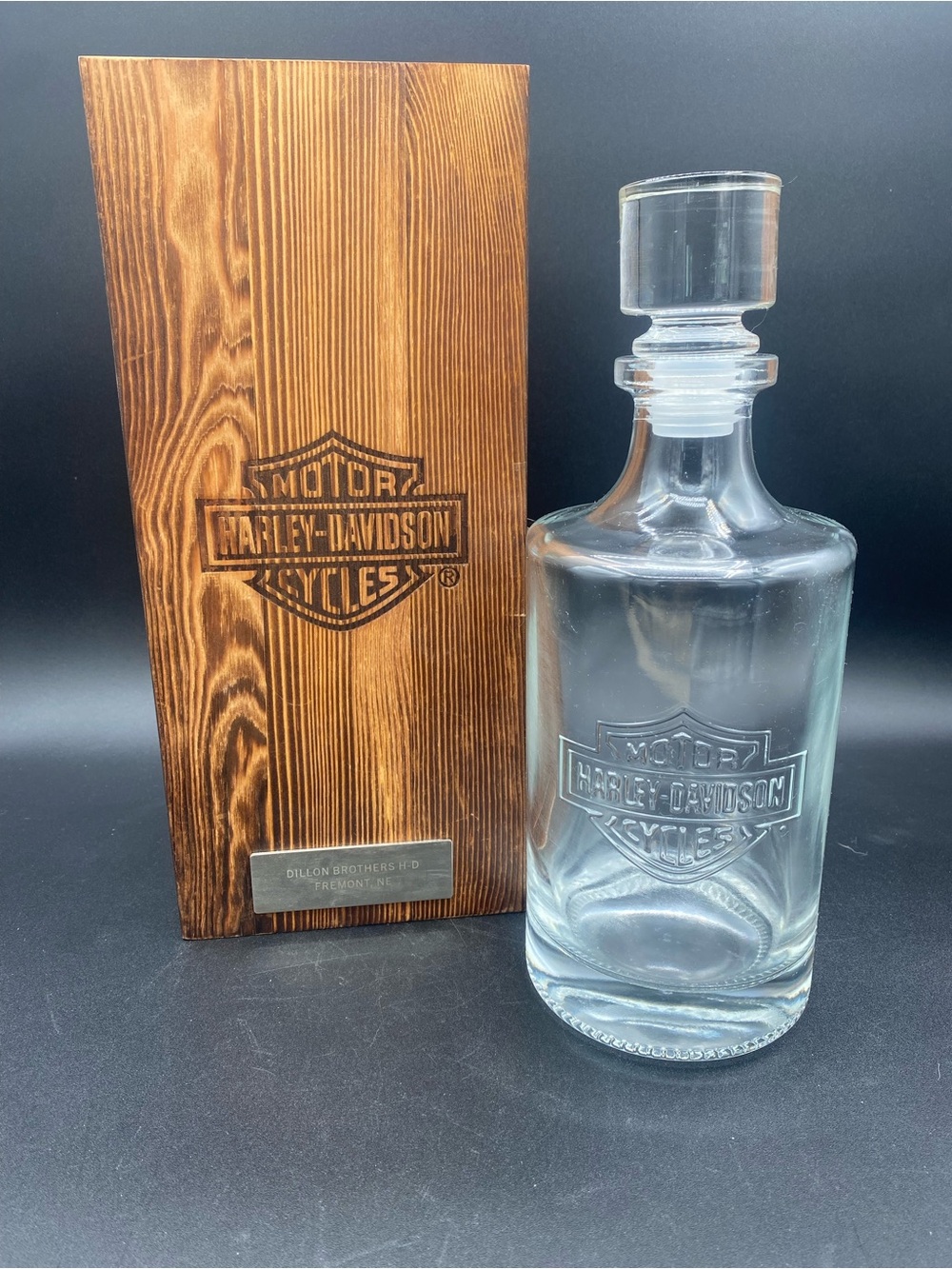Harley Davidson Glass Liquor 36 oz Decanter Woodbox Fremont, NE